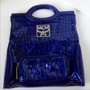 MCM Blue Crocodile Embossed Patent Leather Bag